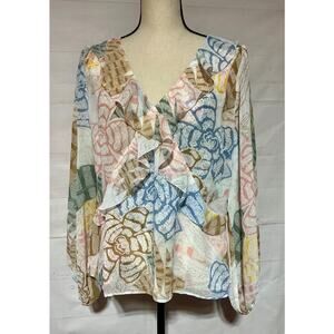 WHBM WHITE HOUSE BLACK MARKET sz L floral leaf print top blouse shirt ruffled